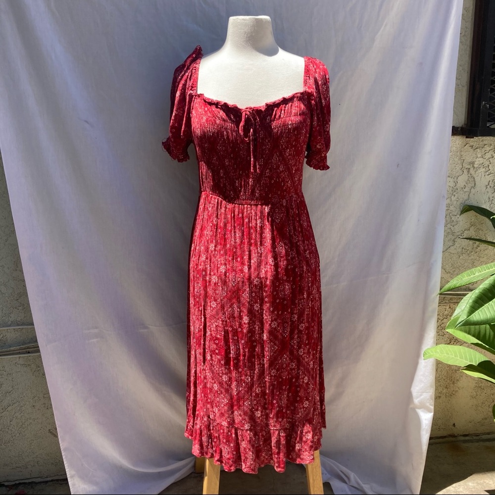 Red Floral Pattern Peasant Sleeved MIDI Summer dress